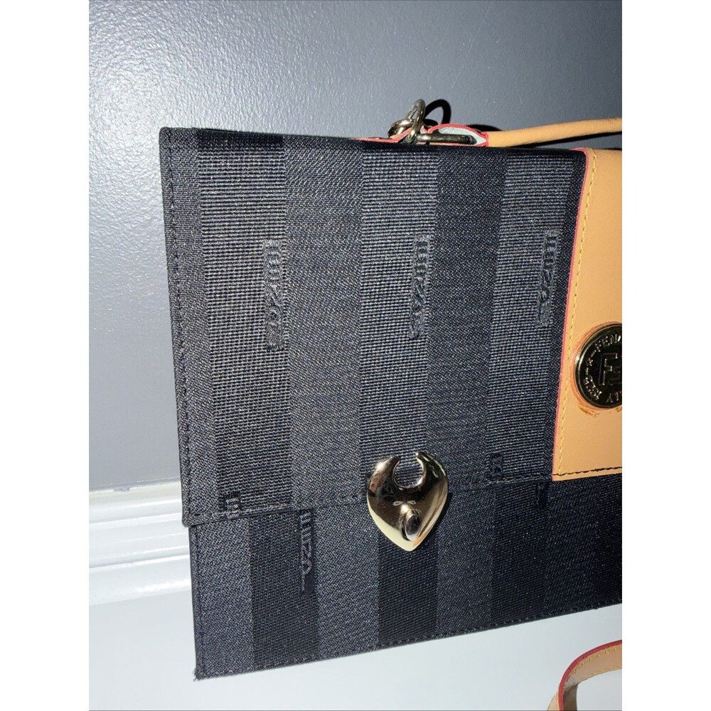 Vintage Purse Striped Briefcase Satchel Bag Canvas Handle Strap Black Tan - Picture 2 of 13